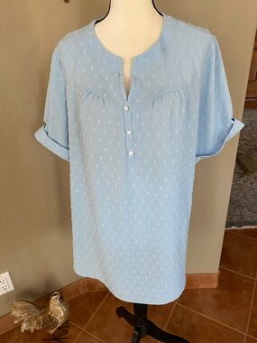 Light Blue Swiss Dot Button-Front Blouse